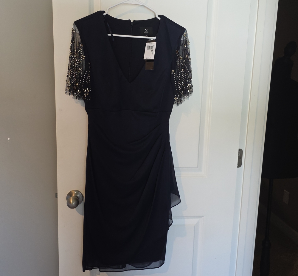 Xscape Beaded Fringe Sleeve Black Midi Dress Navy